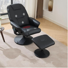 Recliner Chair with Stool, TV Chair with Reclining Function, TV Chair with Metal Footrest and Side Pocket, 360° Swivel Chair Living Room, PU Leather, Black