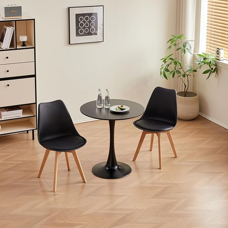 Valgomojo komplekto stalas ir kėdės 2 asmenims, apvalūs valgomojo stalai ir 2 skandinaviškos kėdės, tinka virtuvėms, valgomiesiems, balkonams, kavinėms ir t. t. (juodas stalas ir juodos kėdės)