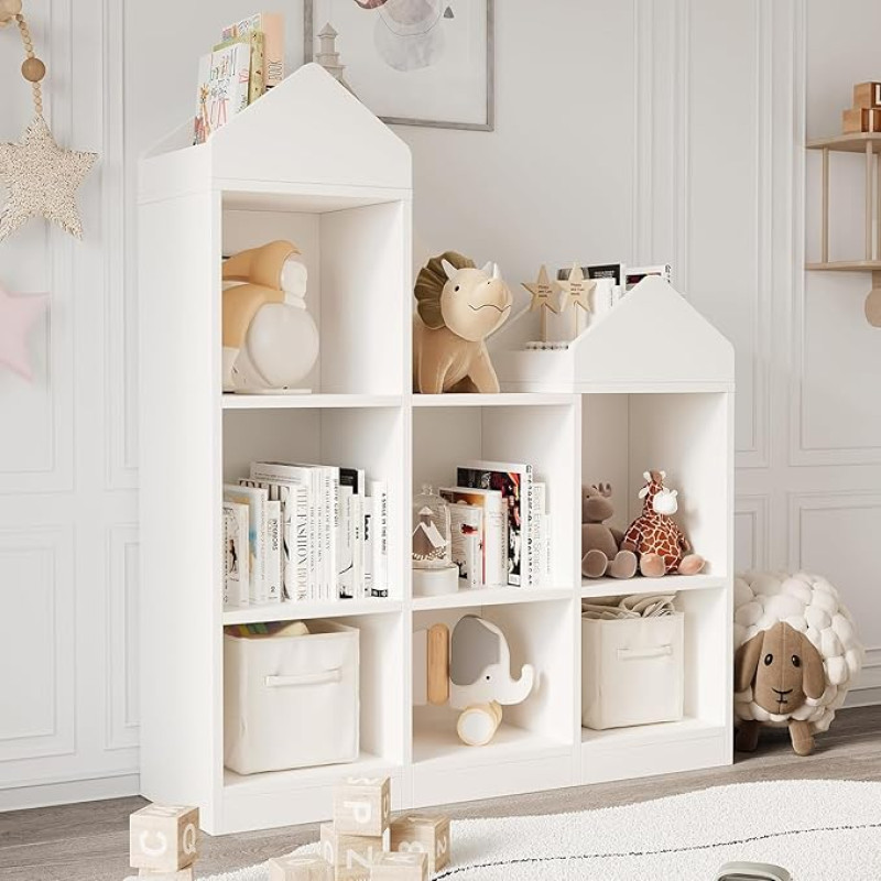 Medinė lentyna vaikams, balta knygų spinta, 7 kubeliai berniukams ir mergaitėms, saugykla žaidimų kambariui, vaikų darželiui, kūdikių kambariui, 91 x 30 x 107 cm