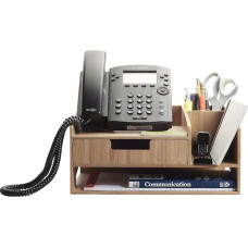 Bambuko telefono stovas su stalčiumi, popieriaus dėklu ir rašiklių laikikliu, skirtas biuro reikmenims, rašikliams, žirklėms, segtuvams, bloknotams, vizitinėms kortelėms ir kt.