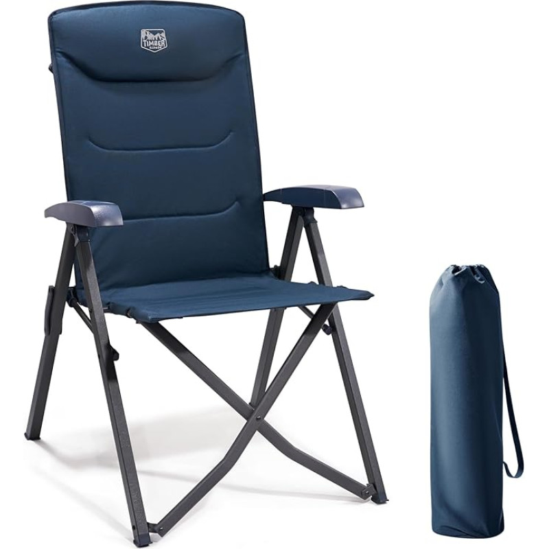 TIMBER RIDGE Kempingo kėdė sulankstoma su aukštu atlošu Mažos pakuotės dydžio sulankstoma kėdė kempingui 150 kg su 4 padėtimis, reguliuojama su krepšiu Palubės kėdė iš aliuminio, skirta sodui, balkonui, nameliams ant ratų