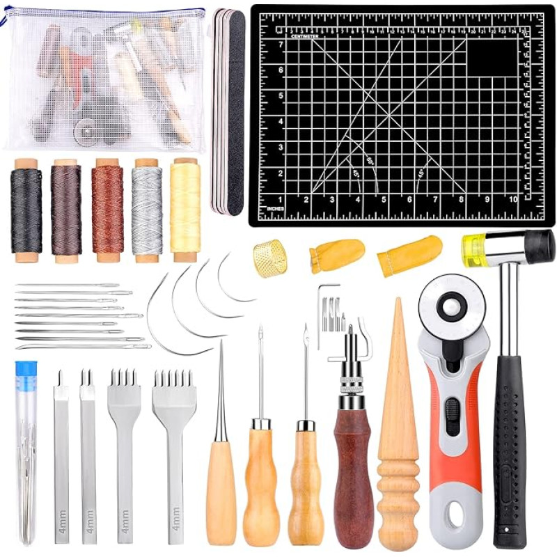 35 Pieces Leather Sewing Tools and Accessories, Leather Sewing Set, Cutting Mat, Awl and Hammer, Leather Craft Set for Leather Sewing Punching Cutting Leather Craft Making