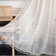 Tospass Set of 2 Vintage, Country House Style Crocheted Curtains, Boho Cotton Lace Curtains with Tassels, Curtains for Living Room, Bedroom, Outdoors, 150 x 240 cm, Beige