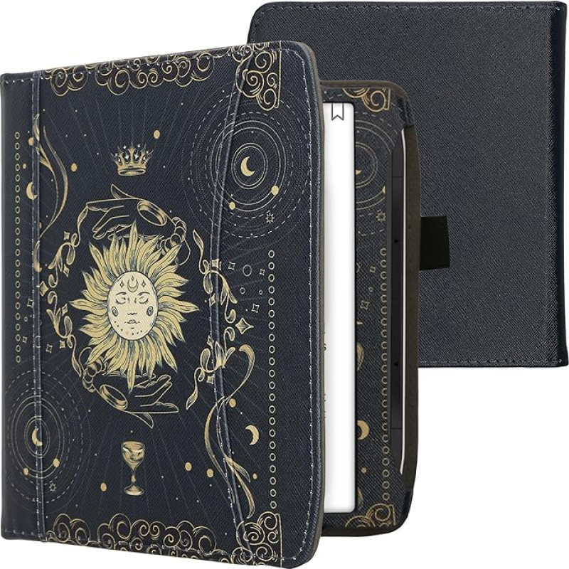 kwmobile Flip Case Compatible with Pocketbook Era/Era Colour - Front Compartment Hand Strap - Tarot Cards Dark Blue Yellow Black