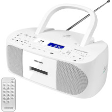 MEDION E65010 Stereofoninis radijo imtuvas CD grotuvas Kasetės USB prievadas AUX garso įvestis MP3 atkūrimas FM PLL radijas 40 stočių atmintis Baterija valdomas nuotolinio valdymo pultas Baltas