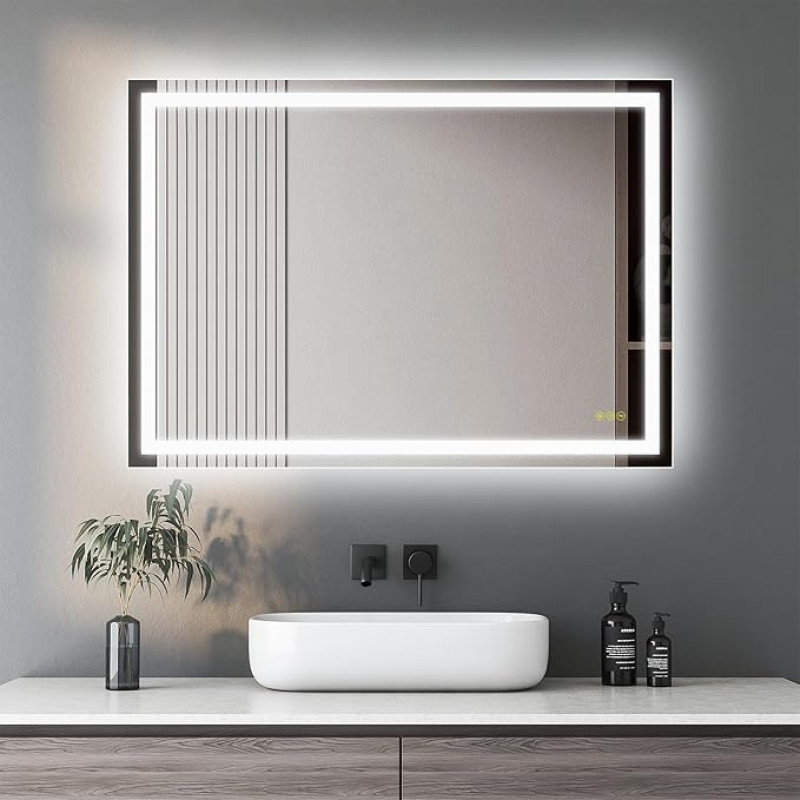 AI-LIGHTING Vonios veidrodis su LED 50 x 70 cm Vonios veidrodis su apšvietimu ir jutikliniu jungikliu 3 šviesos spalvos / nuo rūko / reguliuojamas sieninis veidrodis su šviesa vonios kambariui