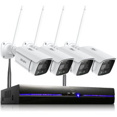 REIGY 3MP WLAN Outdoor Surveillance Camera Set with Floodlight, 10CH Wireless NVR Surveillance System + 4 x 1296P Camera Wireless, Two-Way Audio Motion Detection Coloured Night Vision No Hard Drive
