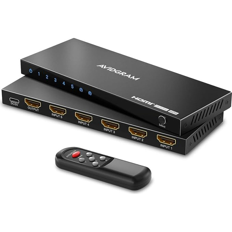 HDMI 2.1 Switch 4K 120Hz, AVIDGRAM 8K HDMI Switch 5 in 1 Out with IR Remote Control, HDMI Switcher 5 Port Auto Selector Hub Support 8K 60Hz 48Gbps VRR HDCP2.3 HDR10