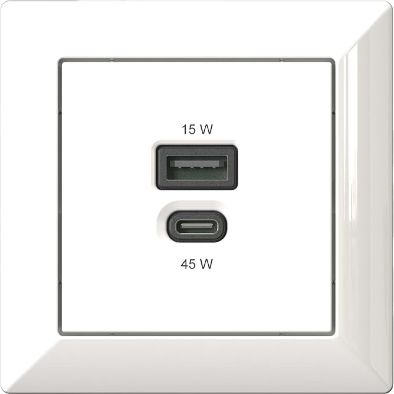 Flush-Mounted USB Charging Station, USB-C 45 Watt + USB-A 15 Watt Charger, White