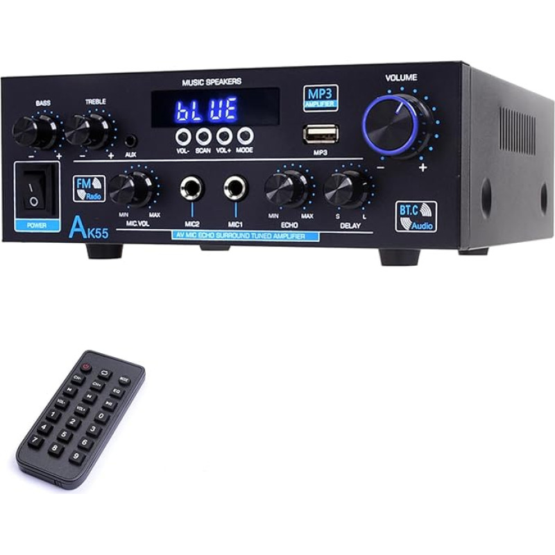 WOOPKER AK55 Audio Amplifier Bluetooth 5.0 HiFi Audio Receiver Mini HiFi Stereo Amp Integrated Receiver with USD, SD, AUX, MIC IN with Echo, Radio, LED for Karaoke, Home Cinema (AK55)