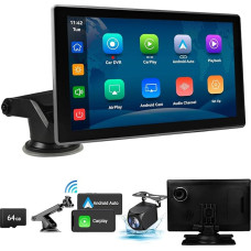 Portable Wireless Apple Carplay/Android Car Screen 9 Inch IPS Touch Screen with 4K Dash Cam and 1080P Rear View Camera, Voice Control, BT, FM, Mirror Link for All Vehicles