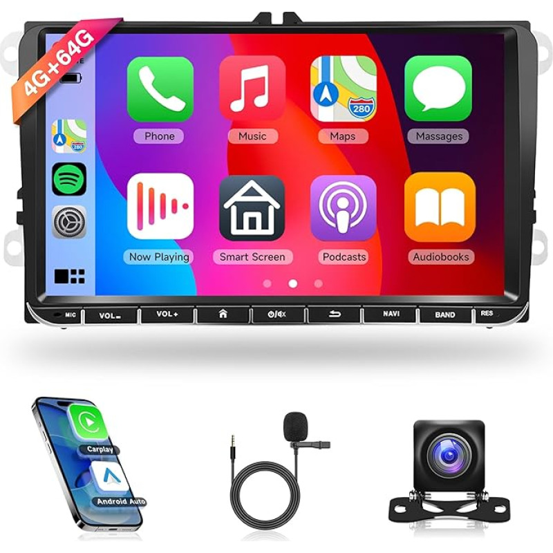 4G + 64G Wireless Carplay Android Car Radio for VW Golf 5 6 Passat Polo Tiguan Touran Caddy Skoda Seat 9 Inch Car Radio with Android Car GPS Navigation WiFi Mirror Link Bluetooth FM/RDS/DAB/SWC