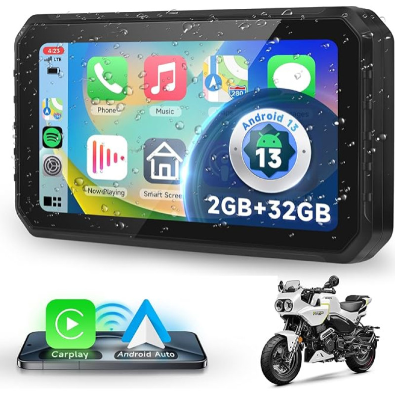 Podofo Android 13.0 Motorcycle Carplay & Android Car, 2G + 32G 6.2 Inch Touchscreen Car Radio for Motorcycle with Bluetooth 5.1/GPS Navigation/WiFi/Airplay/IP65 Waterproof/TF Input