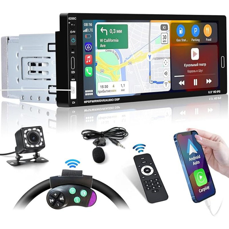 Inefala 1 DIN Carplay and Android Car Radio with 6.9 Inch Screen, Mirror Link, FM Support, Steering Wheel Control, Equalizer, USB, Type C Quick Charge, Reversing Camera