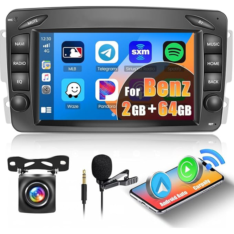 Inefala 2G/64G 7 Inch Touchscreen Car Radio for Mercedes-Benz CLK/W209/E-W210/Classe C/W203/SLK/W170, Radio Android with Wireless Carplay, Android Car, WiFi, RDS/FM, USB, SWC, Microphone, Rear View