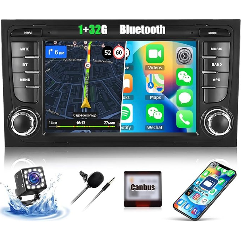 CAMECHO 7 Inch Android 13 Supports DAB+ Navigation Car Radio for Audi A3 S3 RS3, 2Din [1+32GB] HD Touchscreen Bluetooth Radio with GPS WiFi FM/RDS Mirror Link EQ Sound + Reversing Camera Canbus MIC