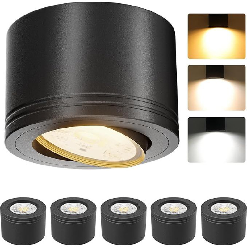 6 x LED paviršiniai taškiniai šviestuvai, juodos spalvos, reguliuojamo apšvietimo, itin plokšti ir pasukami 30° kampu, skersmuo 82 x 52 mm, lubiniai taškiniai šviestuvai, įskaitant 5 W LED modulį 230 V, 2700 K / 4000 K / 5700 K