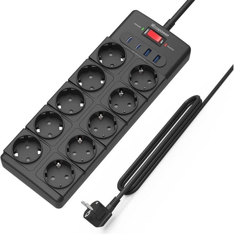 Daugiafunkcinis lizdas 5 m, 10 jungčių maitinimo juosta su USB (PD 20 W, 2 USB-C prievadai ir 2 USB-A prievadai), apsauga nuo viršįtampių, tinka iPhone/iPad ir kitiems USB įrenginiams, juoda
