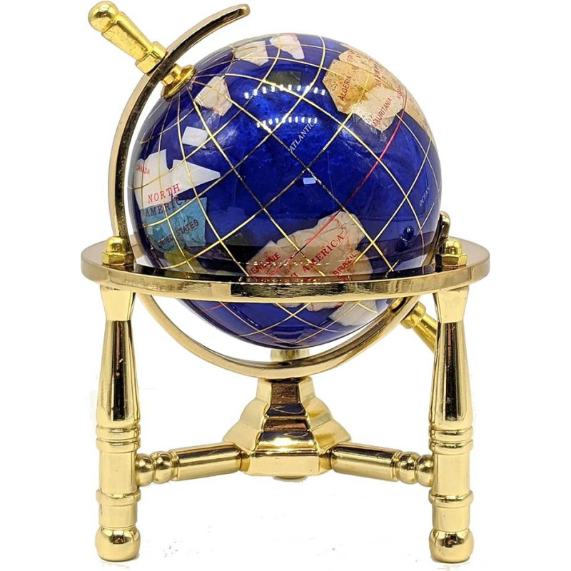 Unikalus menas 6 colių aukščio Bahama Blue Swirl Pearl Ocean Mini Table Top Gemstone World Globe su auksiniu trikoju