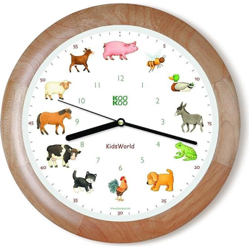 KOOKOO KidsWorld medinis, tikras sieninis laikrodis su natūraliais garsais, 12 ūkio gyvūnų, Monikos Neubacher-Fesser iliustracijos, didelis 34 cm/13,4 cm ilgio laikrodis su šviesos jutikliu