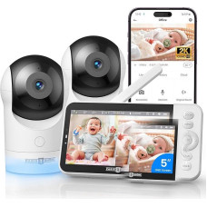 PARIS RHÔNE kūdikių monitorius su 2 kameromis, 5 colių WiFi kūdikių monitorius su programėle, 2K UHD, naktinė šviesa, judesio / fotografavimo aptikimas, temperatūros ir drėgmės stebėjimas, lopšinė
