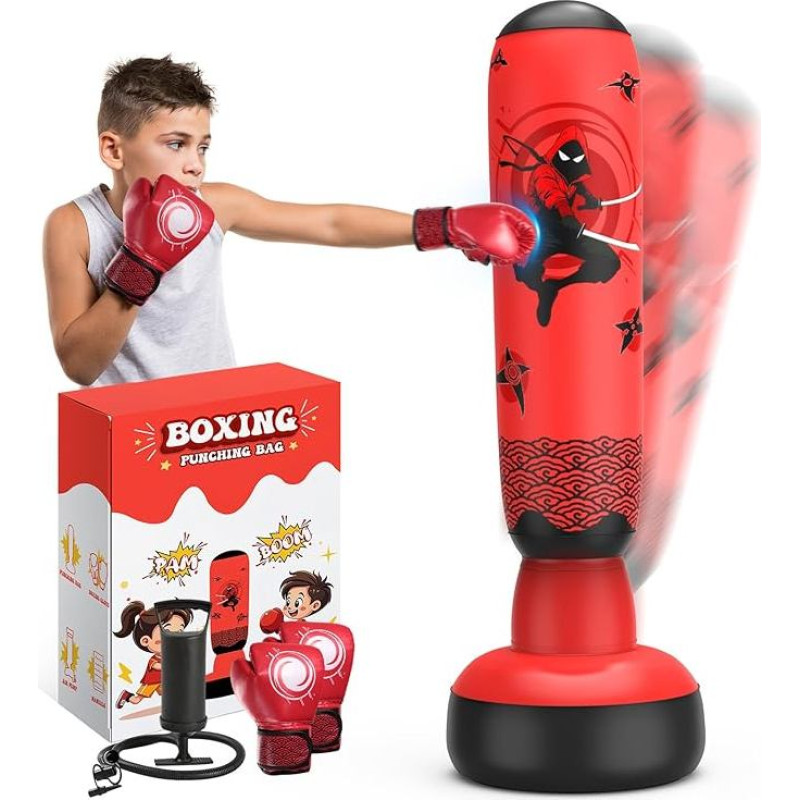IMAYCC Punch Bag vaikams, vaikų bokso rinkinys su bokso pirštinėmis, 142 cm pripučiamas bokso maišas, dovana 3-9 metų berniukams ir mergaitėms karatė ir taekvondo treniruotėms