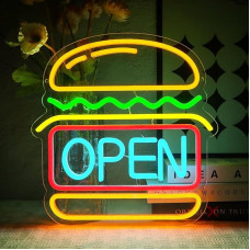 Neon Open Sign LED Hamburger Neon Sign Wall Burger Open Neon Sign Open LED Sign for Hamburger Shop Burger Shop Fast Food Shop Business Kitchen Bar Restaurant Shop Club Store Hotel