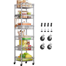 6 Tier Storage Rack with Baskets and Swivel Wheels, Industrial Metal Shelf, Adjustable Metal Shelving Unit for Bathroom, Kitchen