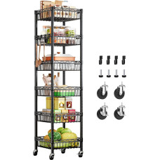 Riedanti virtuvės lentyna su 6 lygiais, 34 x 34 x 156 cm, virtuvės vežimėlis su stalčiais, daugiafunkcinis riedantis vežimėlis virtuvei, vonios kambariui ir svetainei, sidabrinės spalvos (juodas)