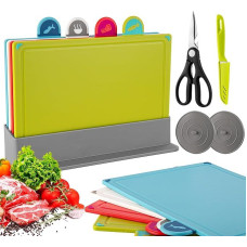 4 pjaustymo lentelių rinkinys, plastikinė indekso pjaustymo lentelė su stoveliu ir maisto simboliais, neslidžios spalvotos koduotos virtuvės pjaustymo lentelės, galima plauti indaplovėje, apvalus indekso simbolis