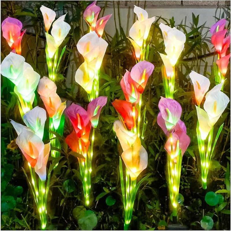 Saulės sodo žibintai, Calla Lily gėlių šviesa, atnaujinta versija su šviečiančiais stiebais, spalvų keitimo žibintai lauke, sodo apdaila, kiemo apdaila ir dovana