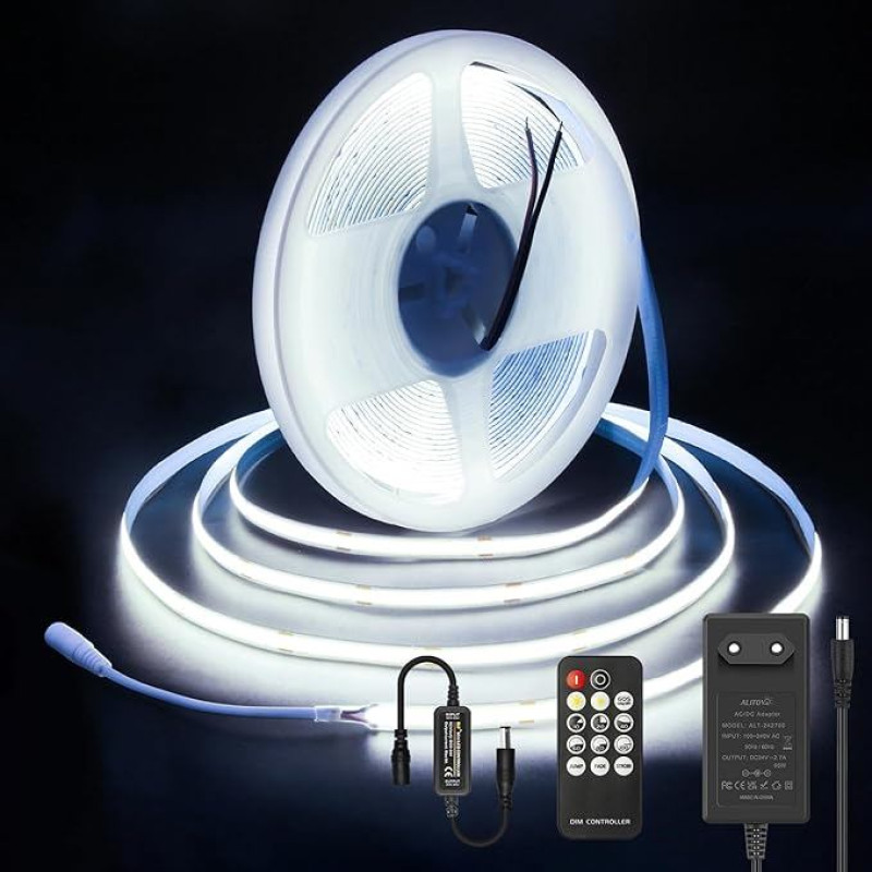 ALITOVE 10 m COB LED juosta 24 V Cool White 6000 K Dimmable 320 LEDs/M Lipnios LED šviesos juostos su RF nuotolinio valdymo pultu ir maitinimo šaltiniu gyvenamojo kambario apatinės spintelės apšvietimui Virtuvės interjero dekoravimui
