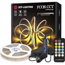 BTF-LIGHTING FCOB COB CCT 24V Kit Flexible High Density 640LEDs/m 5M RF Dimmable Control Tunable 2700K-6000K CRI>90 LED Strip for Bedroom Kitchen Home Indoor with 24V Adapter