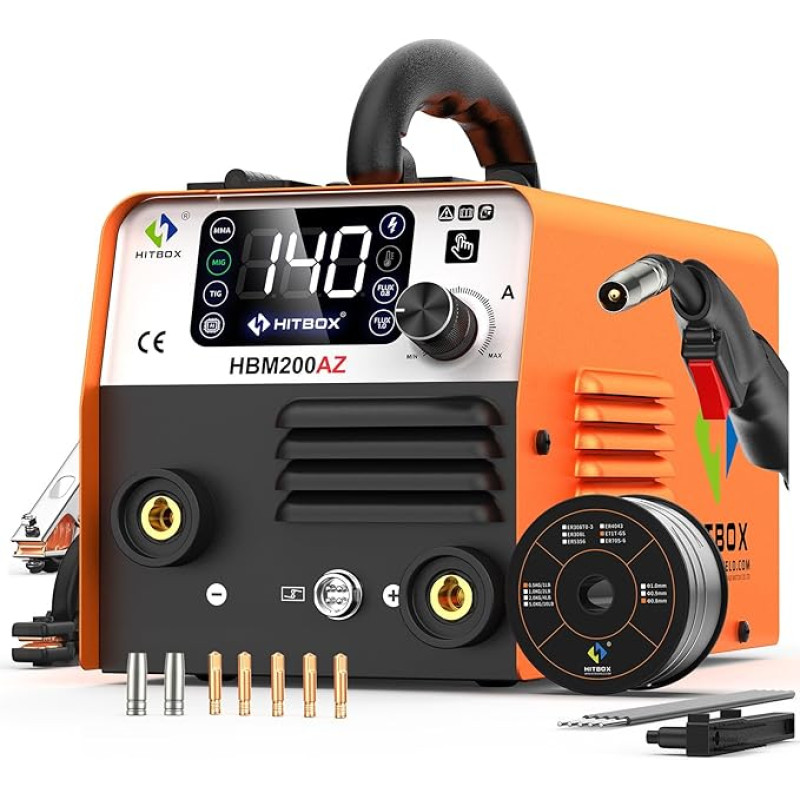 HITBOX 140 A suvirinimo aparatas be dujų, 230 V, 4-in-1 MIG suvirinimo aparatas, ARC/Lift TIG/Spool pistoletas, kompaktiškas IGBT inverteris be dujų su 0,8 mm suvirinimo viela ir 2,0 mm suvirinimo elektrodais (HBM200AZ)