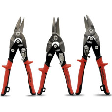 25 cm profesionalių skardos žirklių rinkinys (kairės + dešinės + tiesios), sunkios CR-MO metalo žirklės su dviguba svirtimi, skalės žymėjimu ir apsauginiu užraktu, 3 dalių vielos kirpimo rinkinys metalui