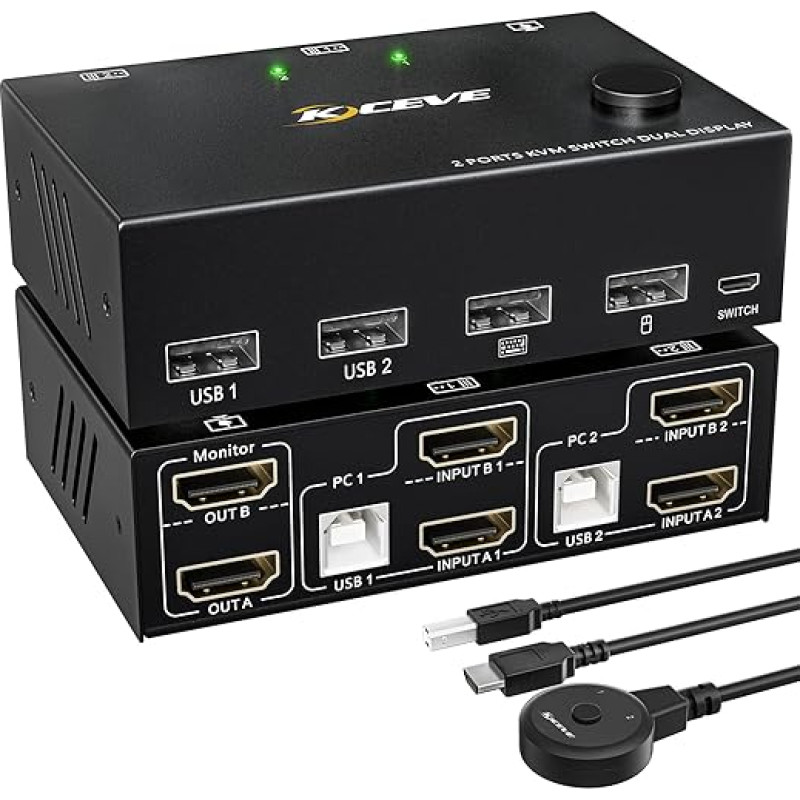 4K@60Hz KVM jungiklis 2 kompiuteriams 2 monitoriams, ESKEVE HDMI dviejų monitorių KVM jungiklis su 4 USB prievadais, staliniu valdikliu ir 2 HDMI + 2 USB kabeliais