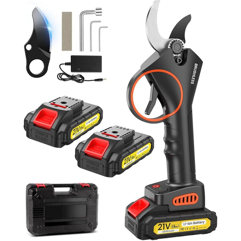 Akumuliatorinės genėjimo žirklės, 33 mm akumuliatorinės žirklės Elektrinės žirklės su 21 V 2 x 2000 mAh akumuliatoriumi, 800 W, patvarios, tylios, profesionalios bešepetėlinės genėjimo žirklės šakoms, krūmams, kamienams