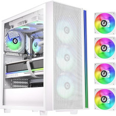 BitFenix Fang Mesh 4 ARGB ventiliatoriai, didelio oro srauto kompiuterio žaidimų korpusas, baltos spalvos, 360 mm GPU palaikymas, 240 viršuje/360 priekyje, 4+4 valdiklis (LED/PWM sistema), Temper Glass Aura SYNC/Mystic Light/RGB Fusion 2.0