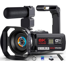 Video Camera Camcorder 8K 64MP WiFi Vlogging Camera with IR Night Vision for YouTube, 3 Inch Touch Screen 18X Digital Zoom Webcam Camera with 2 Batteries, 64GB SD Card, Microphone, Stabiliser and