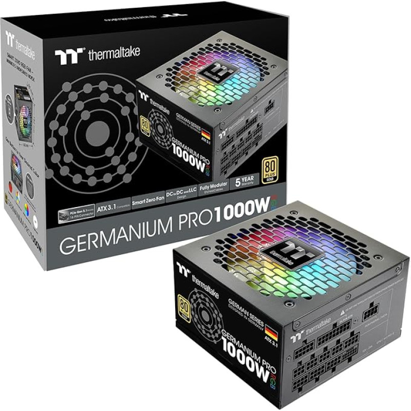 Thermaltake Germanium Pro 1000W maitinimo šaltinis RGB ATX 3.1 PCIe Gen 5.1 suderinamas 12V-2x6 12+4 kontaktų jungtis Itin tylus ventiliatorius Smart Zero funkcija 80Plus Gold Visiškai modulinis kabelių valdymas