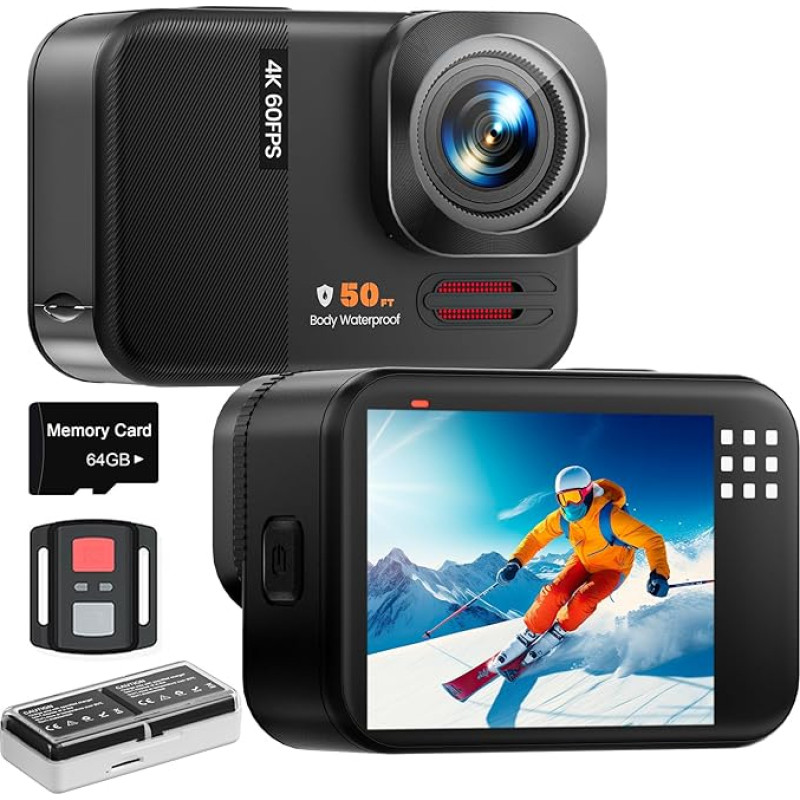 4K 60FPS 48MP veiksmo kamera, 50 pėdų povandeninė kamera su jutikliniu ekranu, vandeniui atspari kamera, ledo stabilizavimo kamera su 64 GB kortele, 8X priartinimas 170° plačiu kampu, WiFi veiksmo kameros baterija ir