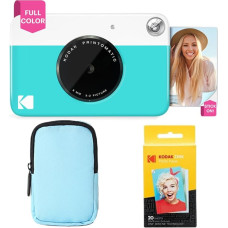 KODAK Printomatic Full Colour Instant Print Camera Starter Pack + Soft Case + Zinc Photo Paper (Pack of 20) - Colourful Photos on 2 x 3 Inch Adhesive Paper - Blue