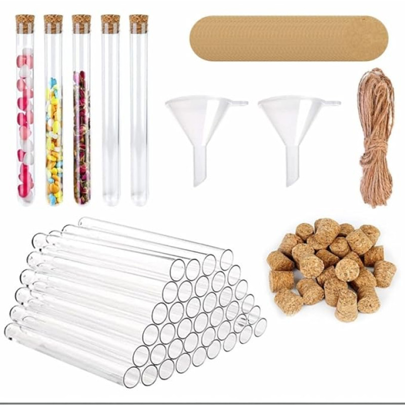 40 Kunststoffrohre mit Korken und Etiketten für DIY Handwerk, 20 ml Fassungsvermögen, 150 x 16 mm, inklusive 40 Pfeifen, 40 Korken, Etiketten, Hanfseil und Trichter, Aufbewahrung von