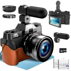 4K skaitmeninis fotoaparatas su plačiakampiu + makroobjektyvu, 16x skaitmeninis priartinimas, 56MP fotokamera su WiFi ir rankiniu fokusavimu, 64G TF kortelė, 3,0 colių kompaktiškas fotoaparatas, 180° apverčiamas ekranas, Vlogging skaitmeninis fotoaparatas