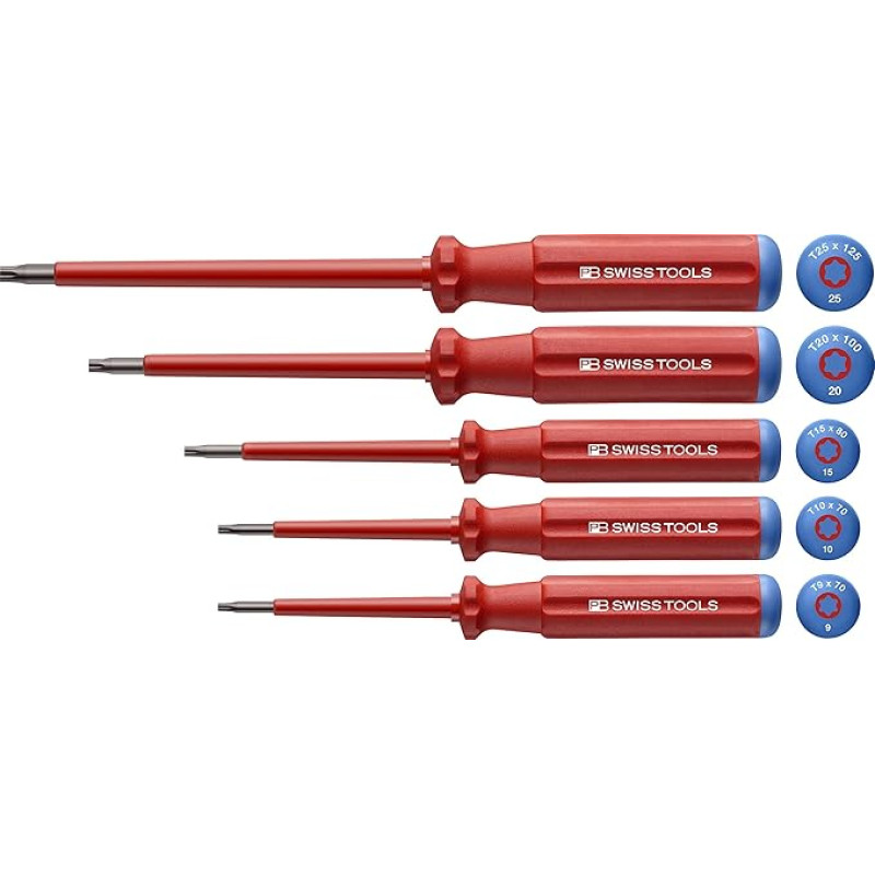 PB Swiss Tools Torx VDE atsuktuvų rinkinys PB 5549-100% šveicariškos gamybos - 5 dalių elektrinių atsuktuvų rinkinys T9/T10/T15/T20/T25 - visiškai izoliuotas iki 1000 V kintamosios srovės / 1500 V nuolatinės srovės, išbandytas VDE