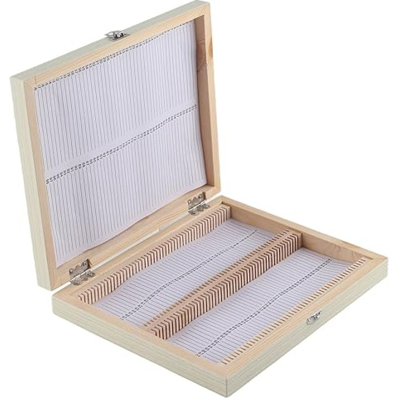 Laboratorinė saugykla, skaidrių dėklas, skaidrių saugojimo dėžutė, 100 dalių medinė dėžutė su sunumeruotais skyriais ir užraktu laboratoriniams stiklams laikyti