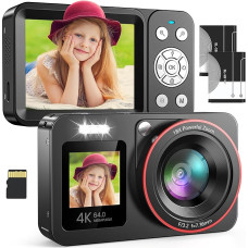 Skaitmeninis fotoaparatas 4K 64MP FHD Fotoaparatas vaikams Fotoaparatas 18X skaitmeninis priartinimas Fotoaparatas Kompaktiškas fotoaparatas su 2 ekranais 64GB SD kortelė vaikams paaugliams pradedantiesiems Juoda
