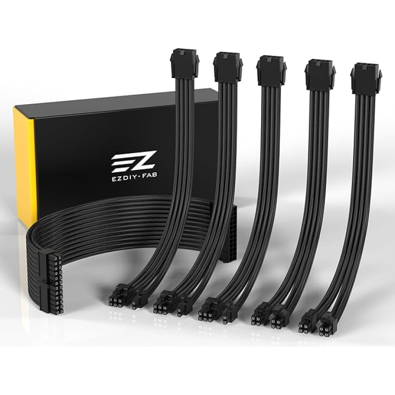 EZDIY-FAB PSU kabelio prailginimo apvalkalas Custom Mod GPU PC maitinimo šaltinis Minkštas nailono tinklelis su šukų rinkiniu 24PIN/3x 8PIN į 6+2PIN/ 2x 8PIN į 4+4PIN-300MM/11.8in Black