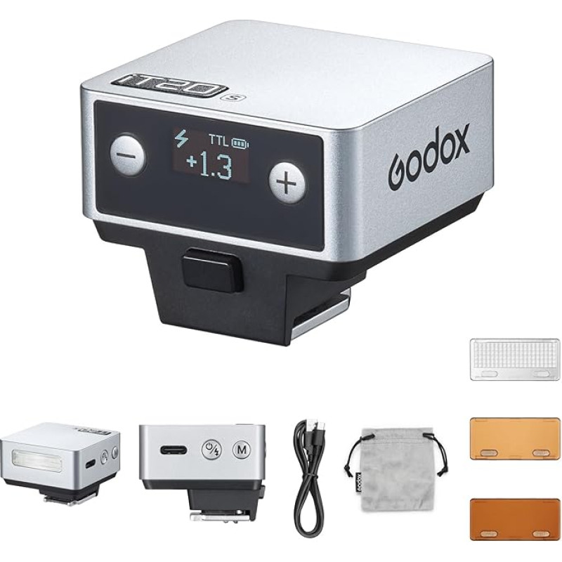 Godox IT20 N IT20-N mini fotoaparato blykstė, suderinama su Nikon fotoaparatais, TTL Godox blykstė, 700+ pilno stiprumo, 1,5 s atkūrimo laikas, USB-C įkrovimas, su magnetiniu difuzoriumi ir filtru, sidabrinė