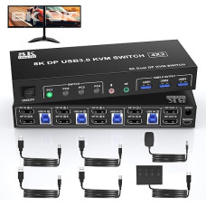 8K@60Hz Displayport KVM Switch 4 PC 2 Monitors 4K@120Hz DP1.4 KVM Switches with 3 USB Ports and Audio Microphone Output for 4 Computers with Shared Dual Monitor, Keyboard, Mouse